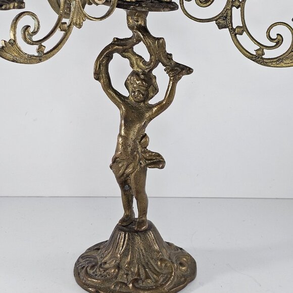 Antique Victorian Cherub Candelabra Brass Cast Metal 3 Arms Candle Holder - Picture 3 of 12